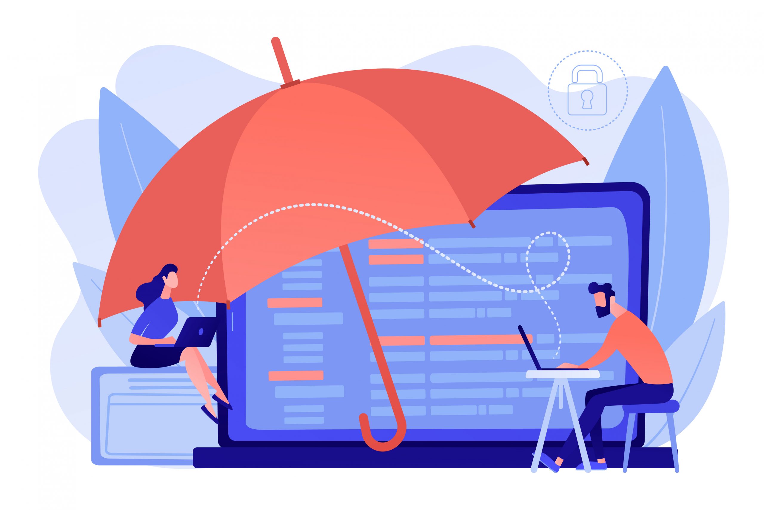 Business people work with laptops protected from internet-based risks. Cyber insurance, cyber-insurance market, cybercrime risk protection concept. Pinkish coral bluevector isolated illustration